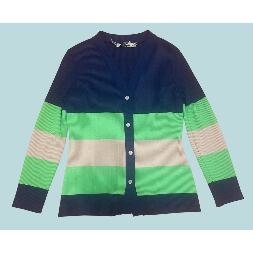 Vintage Cardigan 70s Ribbed Knit Striped Cardigan Navy Green Tan Medium